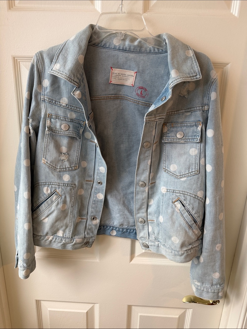 Marc Jacobs Light Blue Denim Jacket with White Polka Dots large